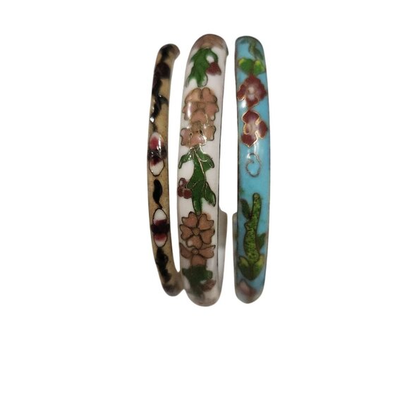 Vintage Cloisonné Enamel Floral Bangle Bracelets Set Of 3 - Picture 1 of 4